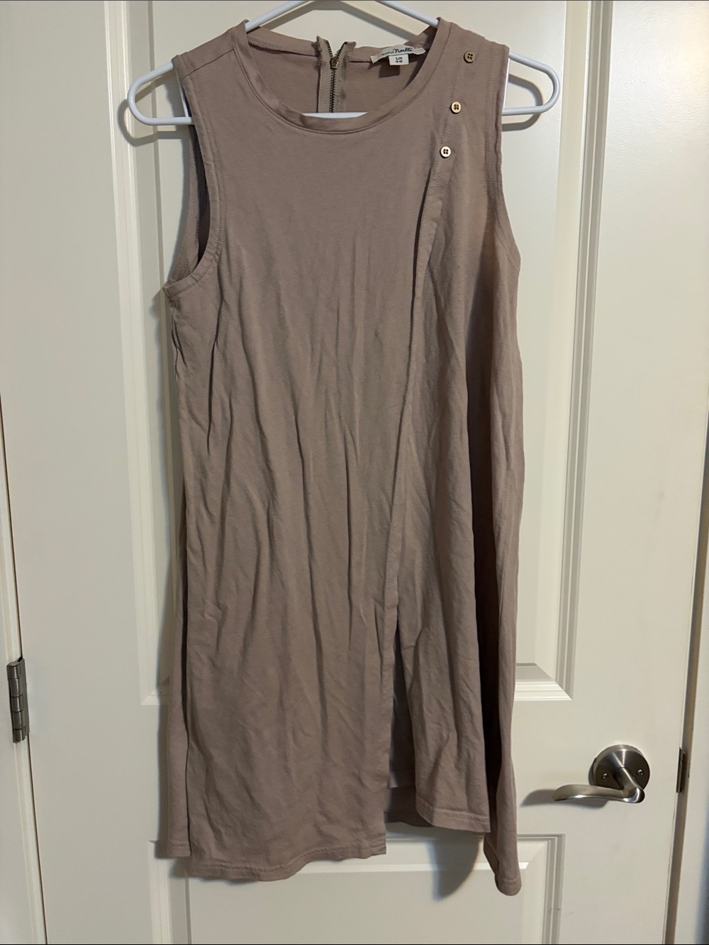 Simply Noelle Sleeveless Taupe Shift Dress with Gold Button Detail